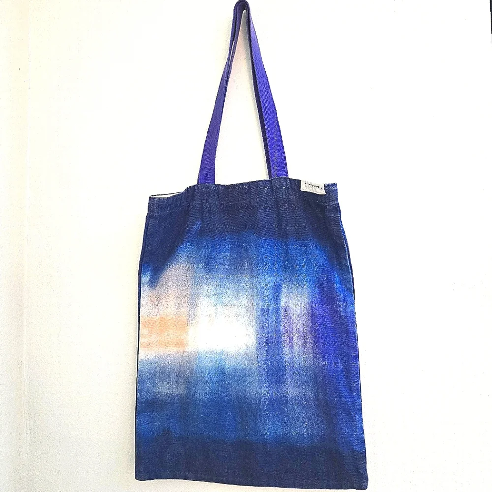 Anthropologie Blue Ombre Canvas Tote Distressed Red Abstract Graphic Bag